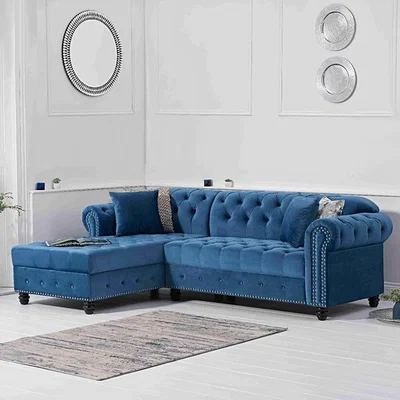 Oak&More Blake Left Facing Blue Velvet 3 Seater Chaise Corner Sofa