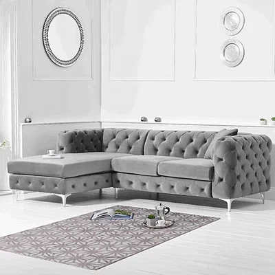Oak&More Barker Left Facing Grey Velvet 3 Seater Corner Sofa