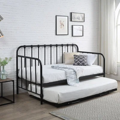 The Range York Industrial Style Black Metal Day Bed With Folding Guest Bed Trundle - Black