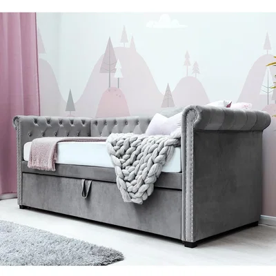 The Range Clarendon Grey Velvet Chesterfield Style Day Bed With Trundle - Grey