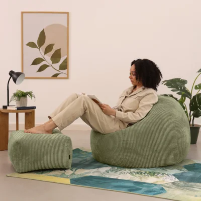 The Range Classic Cord Bean Bag with Footstool - Sage Green