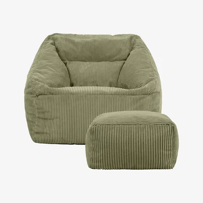 The Range icon Giant Cord Armchair Bean Bag with Footstool - Sage Green